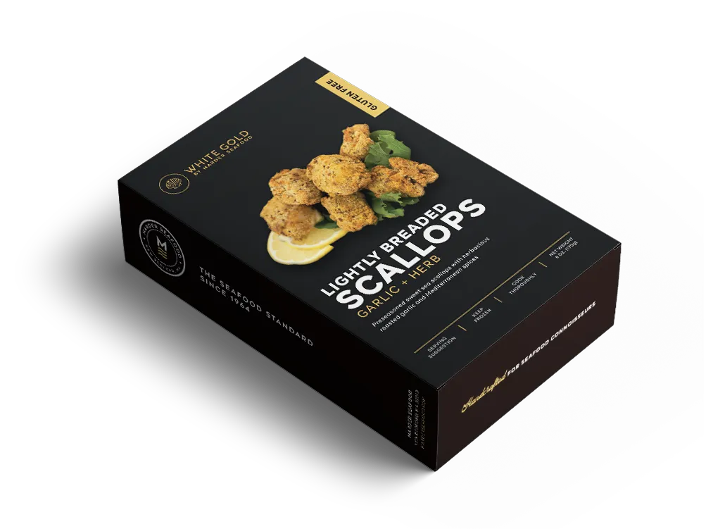 Lightly Breaded Scallops Retail-Ready Boxes by Marder Seafood